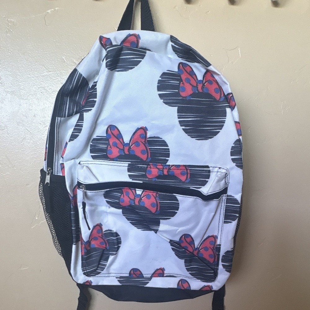 Girls Disney Minnie Mouse Polka Dot Backpack White Black Pink Blue Zip 16x13"